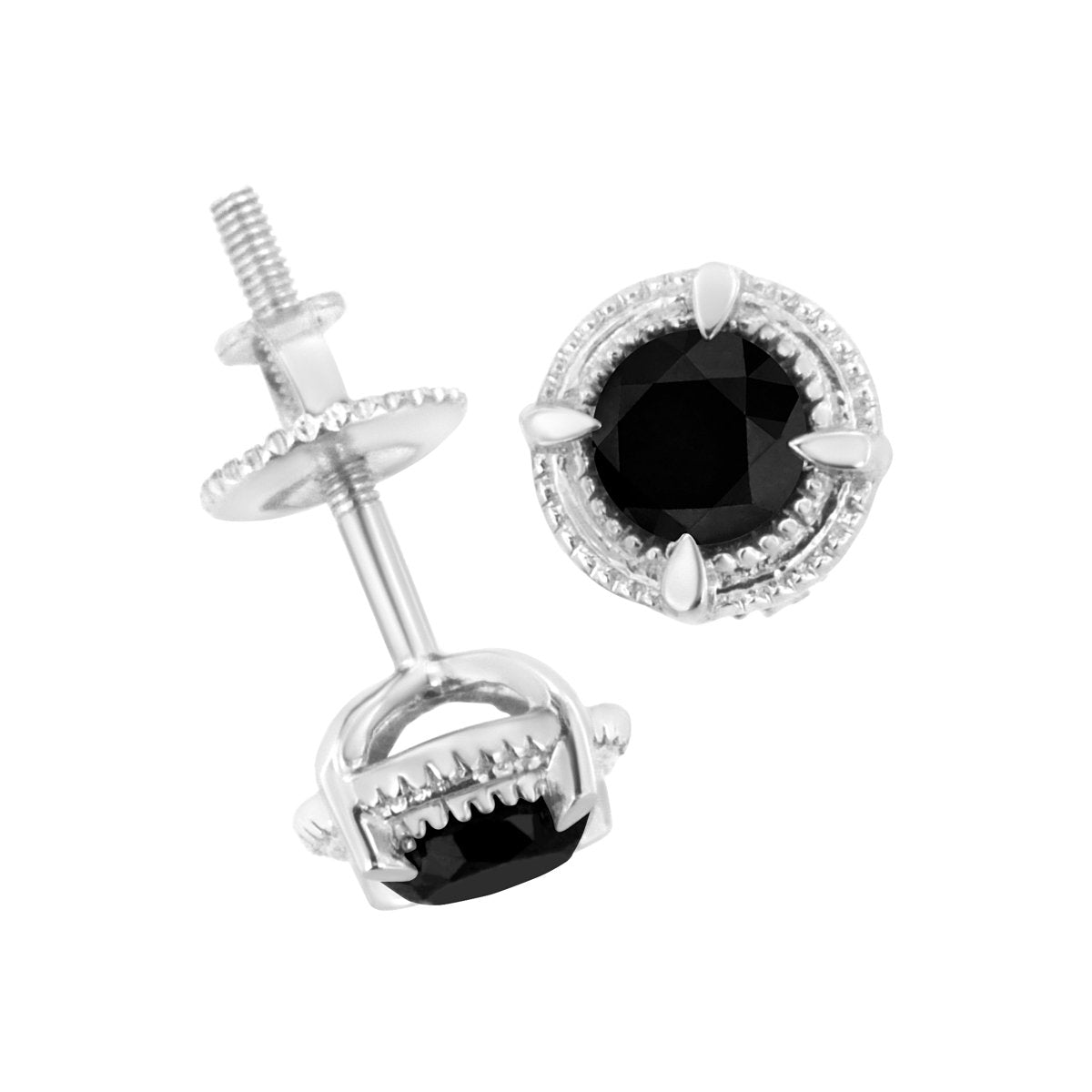 .925 Sterling Silver 1 cttw Treated Black Diamond Modern 4-Prong Solitaire Milgrain Stud Earrings (Black Color, I1-I2 Clarity) - Earrings - Custom Crafting Alliance, LLC
