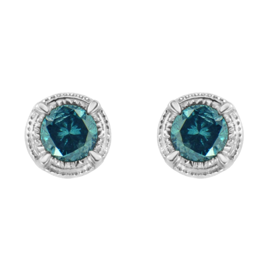 .925 Sterling Silver 1 cttw Treated Black Diamond Modern 4-Prong Solitaire Milgrain Stud Earrings (Black Color, I1-I2 Clarity) - Earrings - Custom Crafting Alliance, LLC