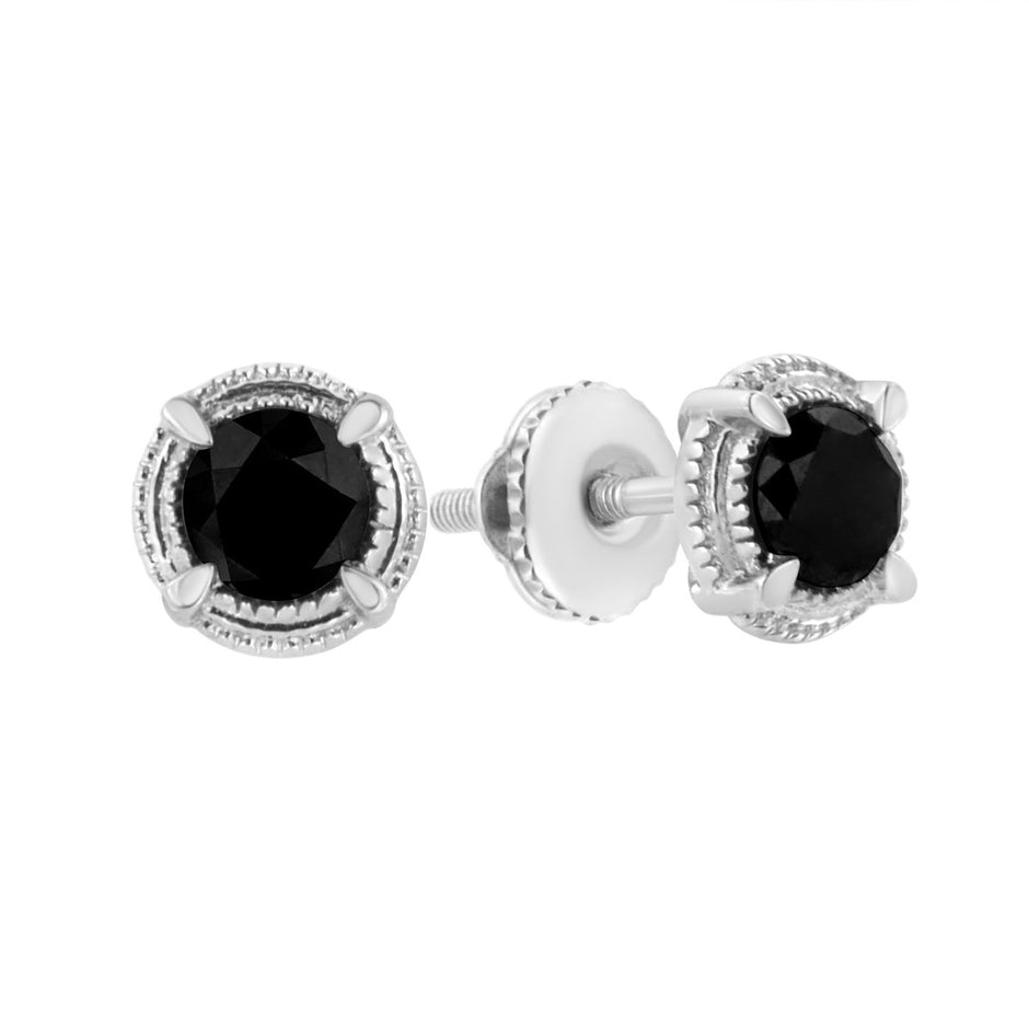 .925 Sterling Silver 1 cttw Treated Black Diamond Modern 4-Prong Solitaire Milgrain Stud Earrings (Black Color, I1-I2 Clarity) - Earrings - Custom Crafting Alliance, LLC