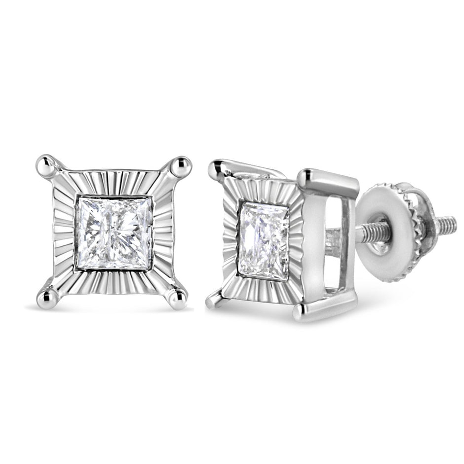 .925 Sterling Silver 1.0 Cttw Miracle Set Princess-cut Diamond Solitaire Stud Earrings (H-I Color, I2-I3 Clarity) - Earrings - Custom Crafting Alliance, LLC