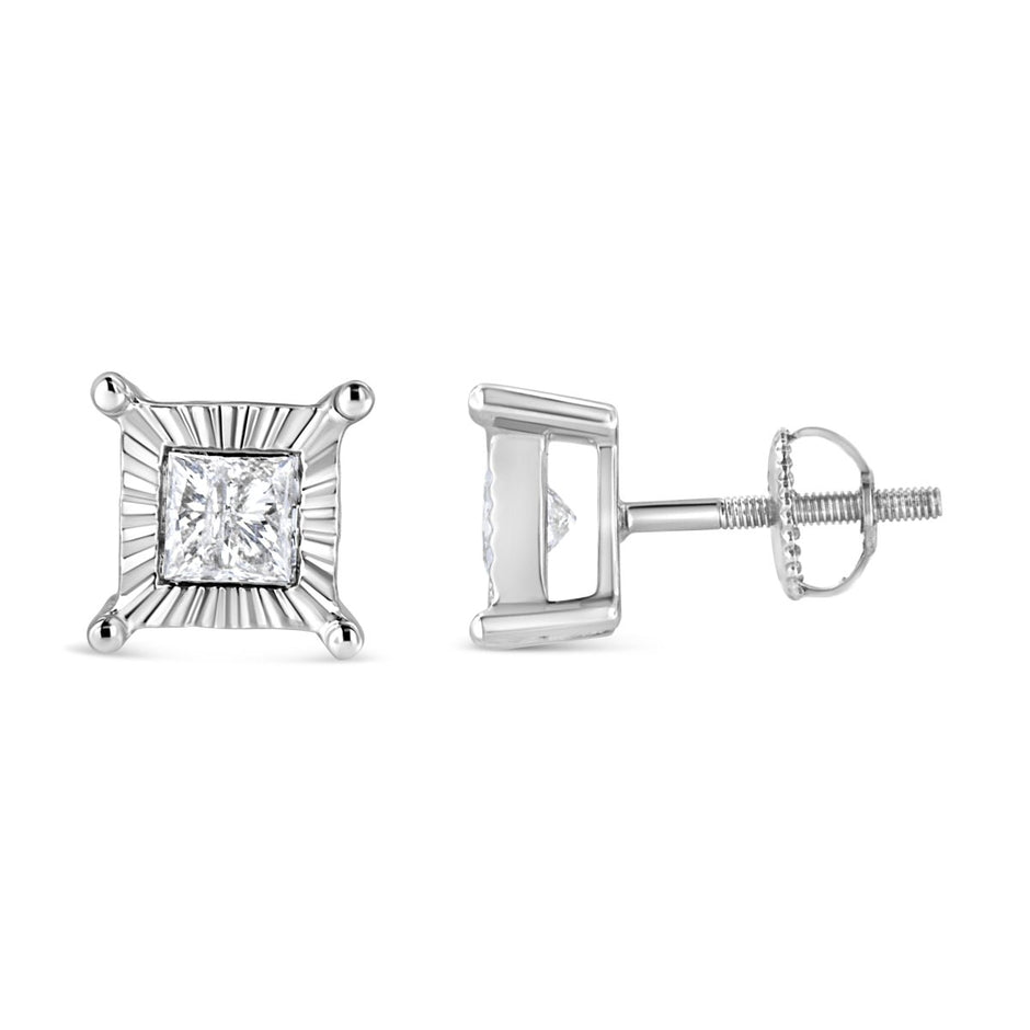 .925 Sterling Silver 1.0 Cttw Miracle Set Princess-cut Diamond Solitaire Stud Earrings (H-I Color, I2-I3 Clarity) - Earrings - Custom Crafting Alliance, LLC
