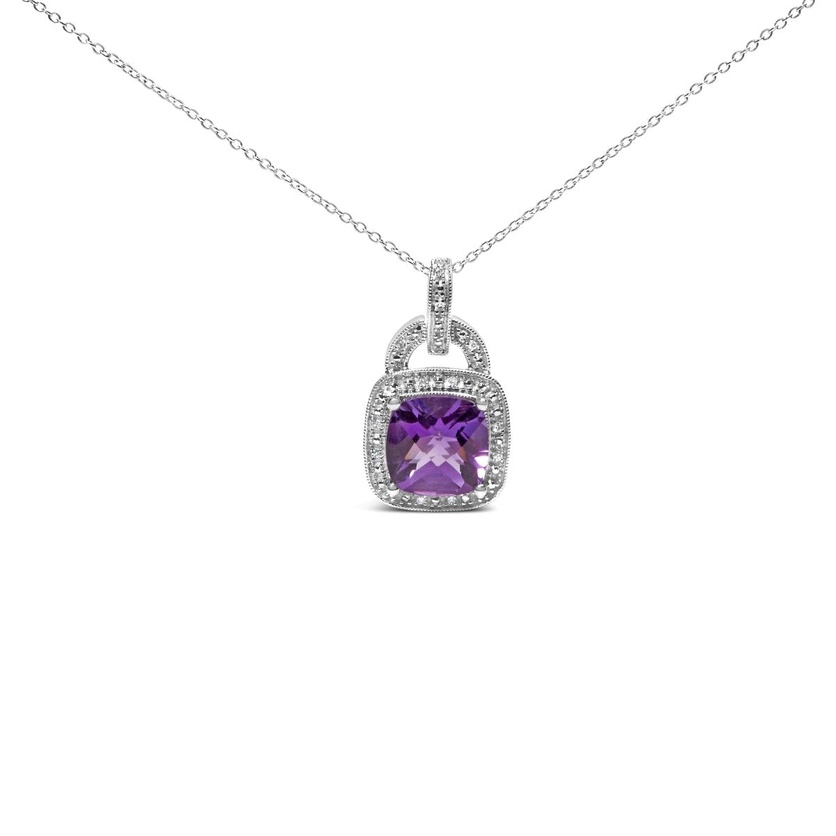 .925 Sterling Silver 10X10 MM Cushion Purple Amethyst and Diamond Accent Halo 18