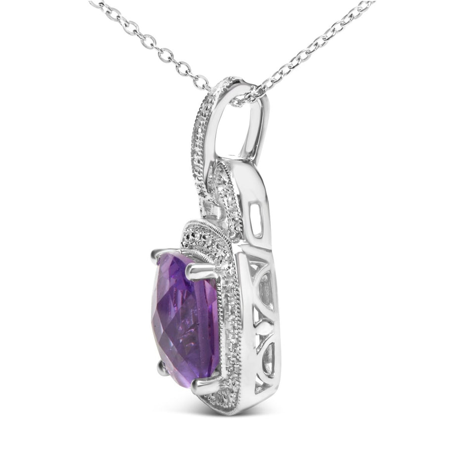 .925 Sterling Silver 10X10 MM Cushion Purple Amethyst and Diamond Accent Halo 18