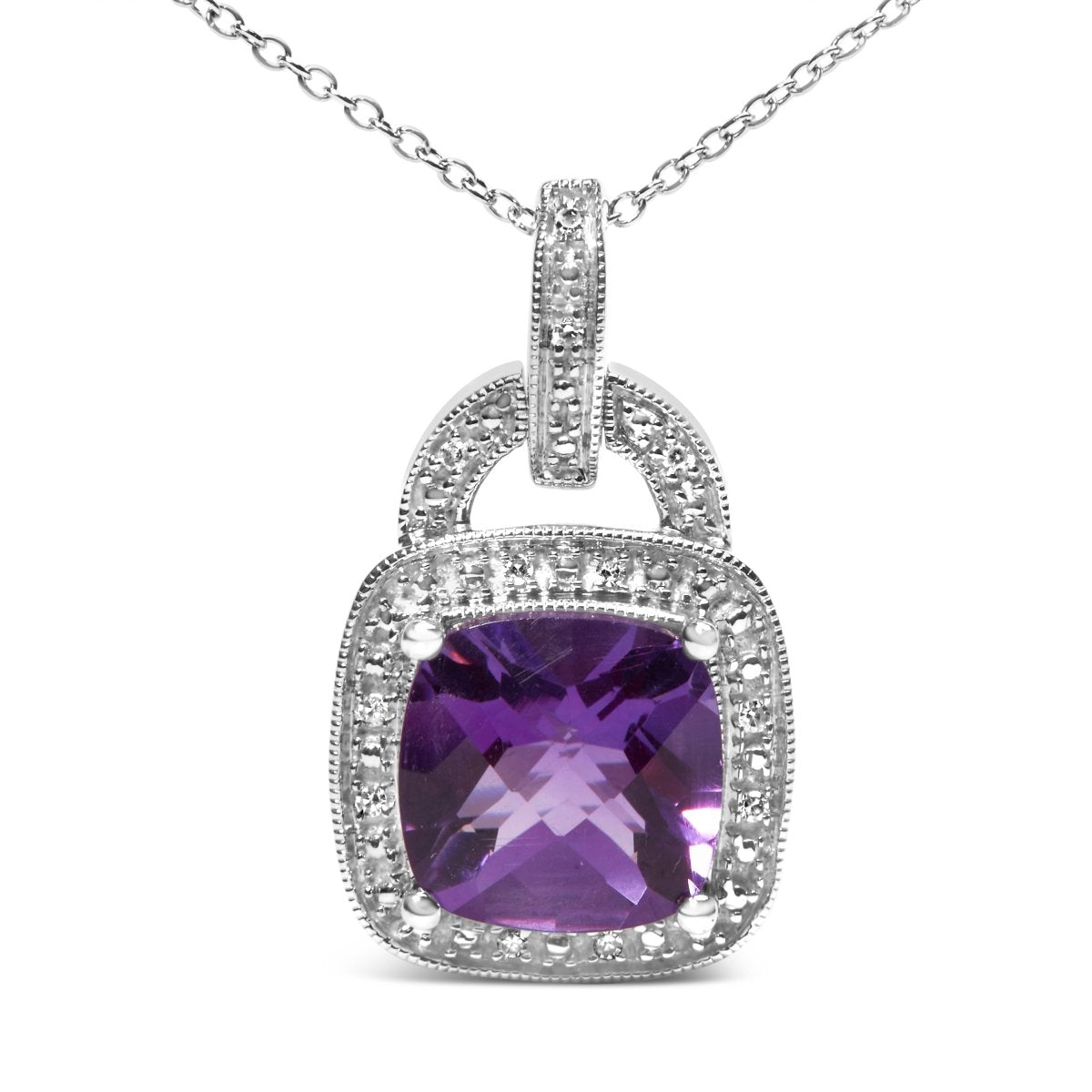 .925 Sterling Silver 10X10 MM Cushion Purple Amethyst and Diamond Accent Halo 18
