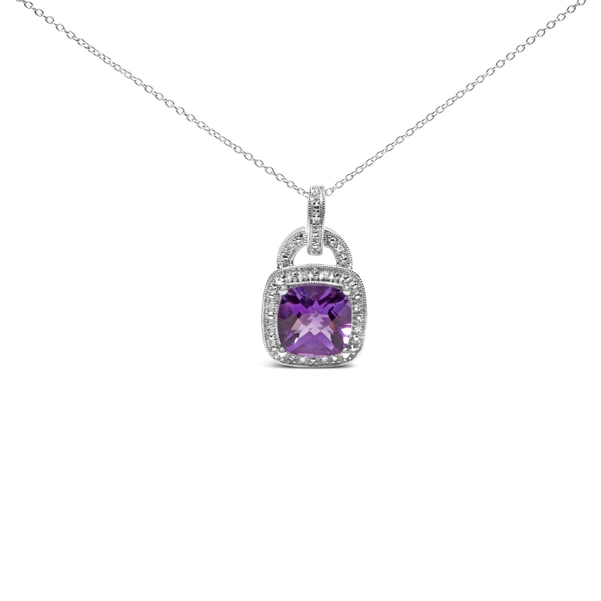 .925 Sterling Silver 10X10 MM Cushion Purple Amethyst and Diamond Accent Halo 18