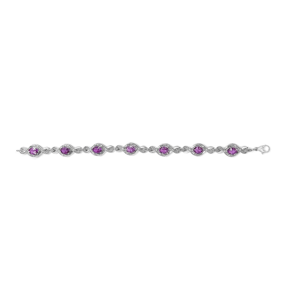 .925 Sterling Silver 1/10 Cttw Natural Round Diamond and 7X5MM Oval Amethyst Cross Tennis Bracelet (I-J Color, I1-I2 Clarity) - 7