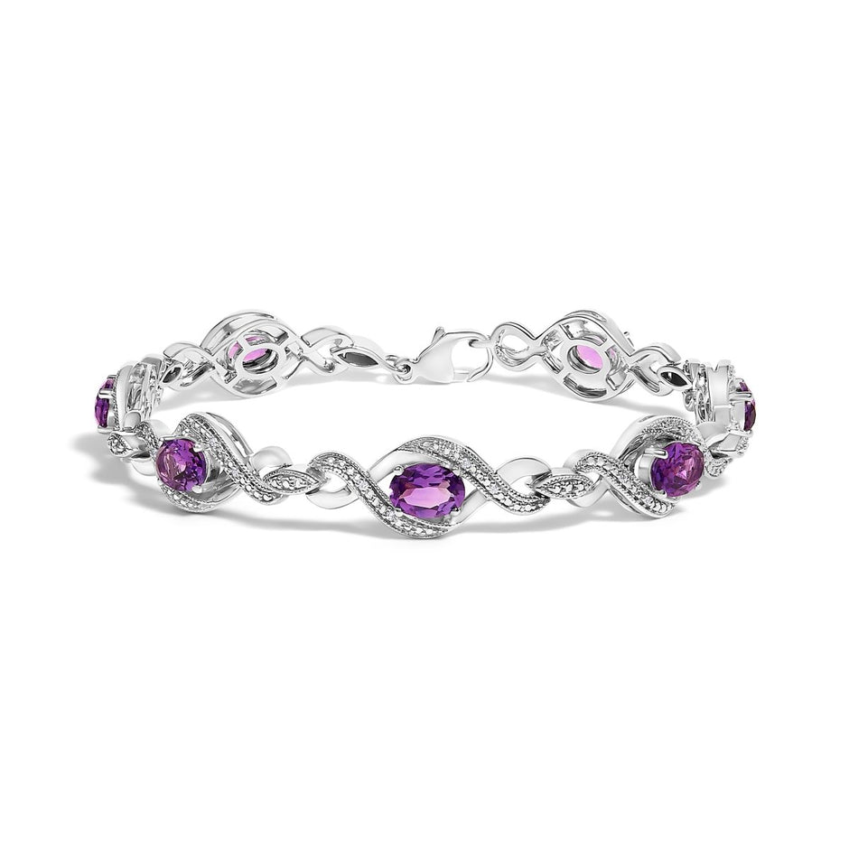 .925 Sterling Silver 1/10 Cttw Natural Round Diamond and 7X5MM Oval Amethyst Cross Tennis Bracelet (I-J Color, I1-I2 Clarity) - 7" - Bracelets - Custom Crafting Alliance, LLC