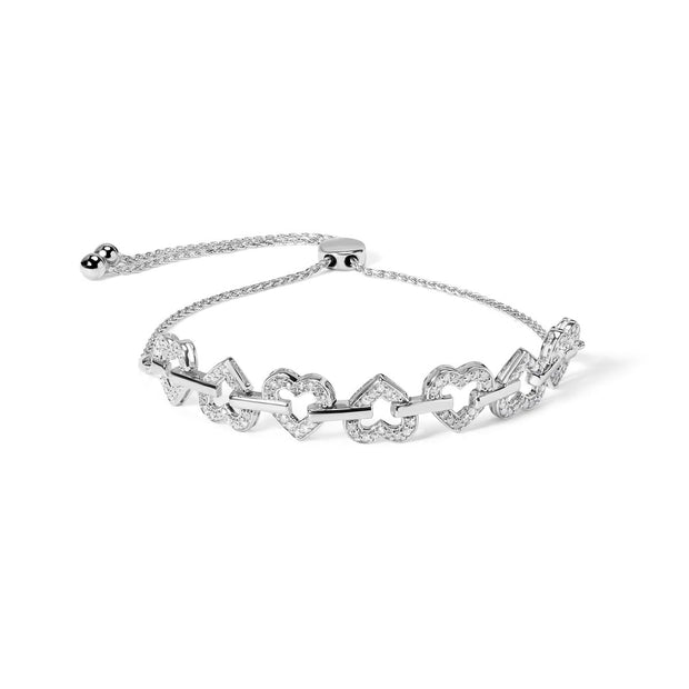 .925 Sterling Silver 1/2 Cttw Diamond Alternating Heart Link Adjustable Bolo Bracelet (I-J Color, I3 Clarity) - 4" to 10" Inches - Bracelets - Custom Crafting Alliance, LLC