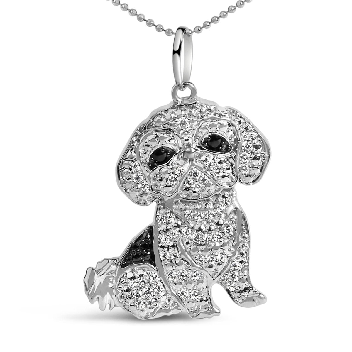 .925 Sterling Silver 1/2 Cttw White and Black Diamond Shih Tzu Dog 18