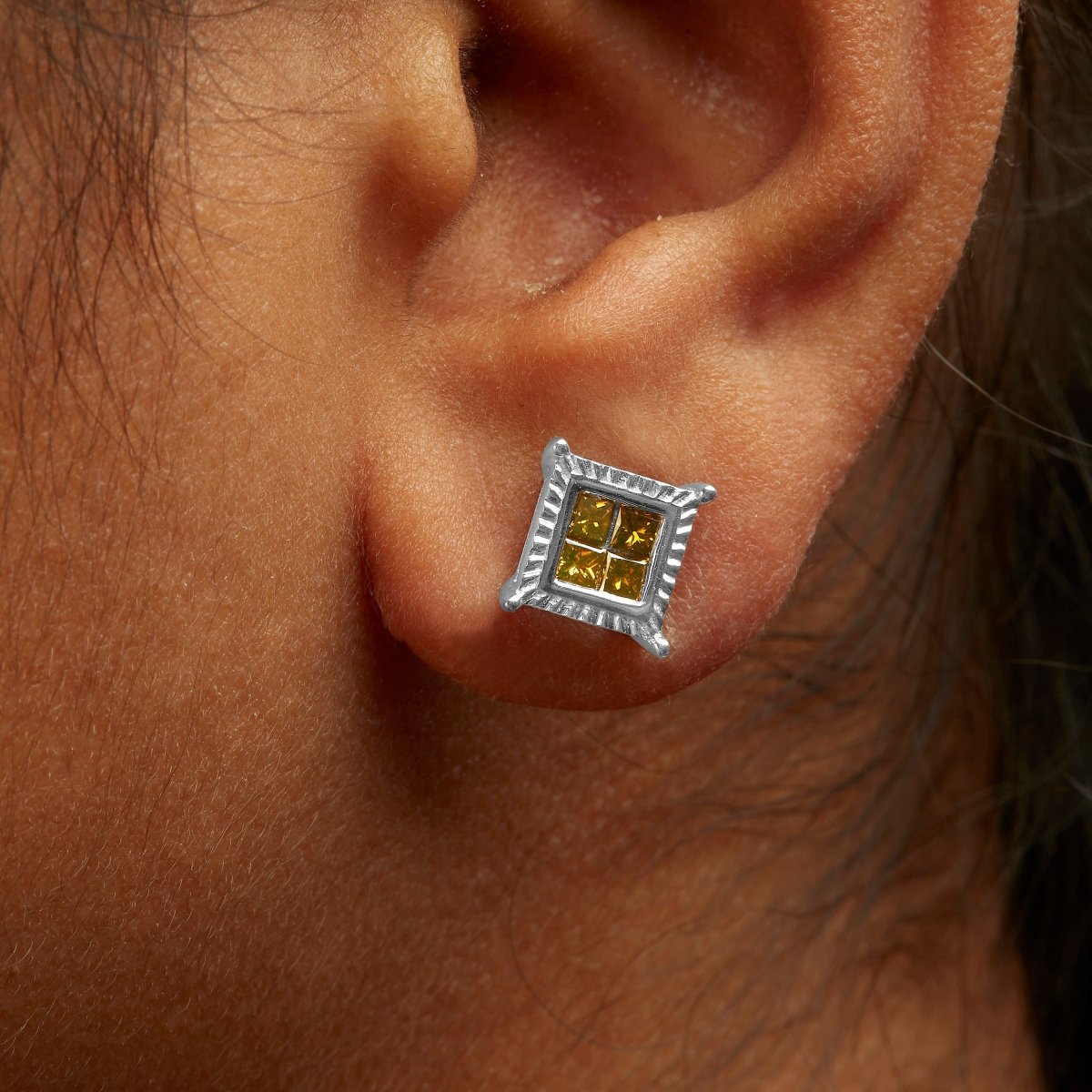 .925 Sterling Silver 1/2 Cttw Yellow Princess Diamond Quad Stud Earring - Earrings - Custom Crafting Alliance, LLC