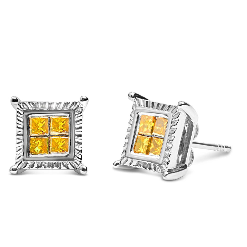 .925 Sterling Silver 1/2 Cttw Yellow Princess Diamond Quad Stud Earring - Earrings - Custom Crafting Alliance, LLC