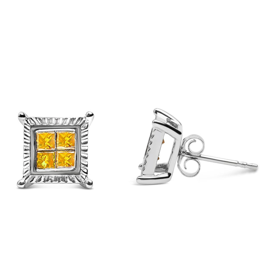 .925 Sterling Silver 1/2 Cttw Yellow Princess Diamond Quad Stud Earring - Earrings - Custom Crafting Alliance, LLC