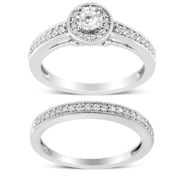 .925 Sterling Silver 1/2 Ctw Diamond Halo and Milgrain Engagement Ring Bridal Set (I-J Color, I3 Clarity) - Ring Size 7 - Rings - Custom Crafting Alliance, LLC