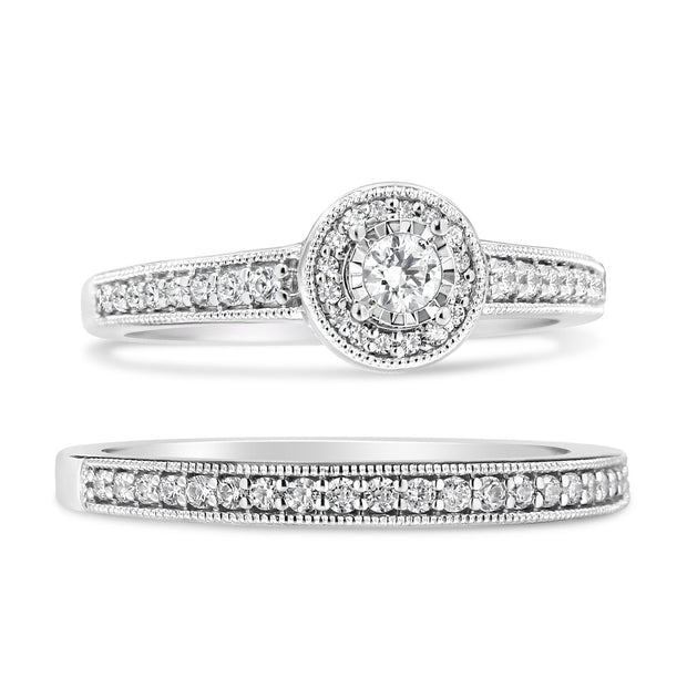 .925 Sterling Silver 1/2 Ctw Diamond Halo and Milgrain Engagement Ring Bridal Set (I-J Color, I3 Clarity) - Ring Size 7 - Rings - Custom Crafting Alliance, LLC