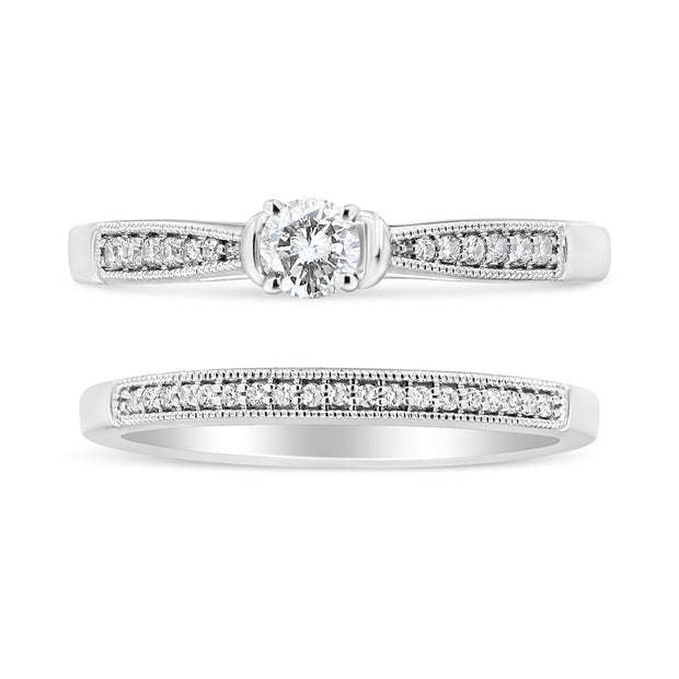 .925 Sterling Silver 1/3 Cttw Diamond Classic Engagement Ring Bridal Set with Milgrain (I-J Color, I3 Clarity) - Ring Size 7 - Rings - Custom Crafting Alliance, LLC