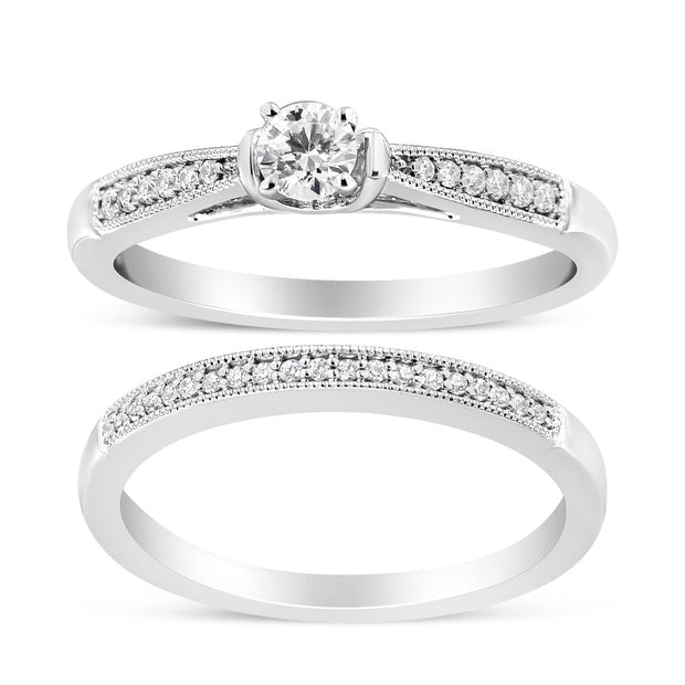 .925 Sterling Silver 1/3 Cttw Diamond Classic Engagement Ring Bridal Set with Milgrain (I-J Color, I3 Clarity) - Ring Size 7 - Rings - Custom Crafting Alliance, LLC