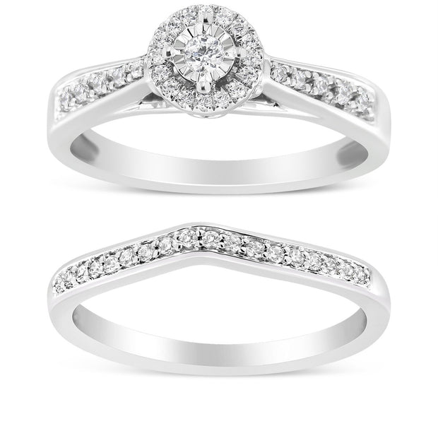 .925 Sterling Silver 1/3 Cttw Diamond Halo and Pave Shank Engagement Ring Set (I-J Color, I3 Clarity) - Ring Size 7 - Rings - Custom Crafting Alliance, LLC