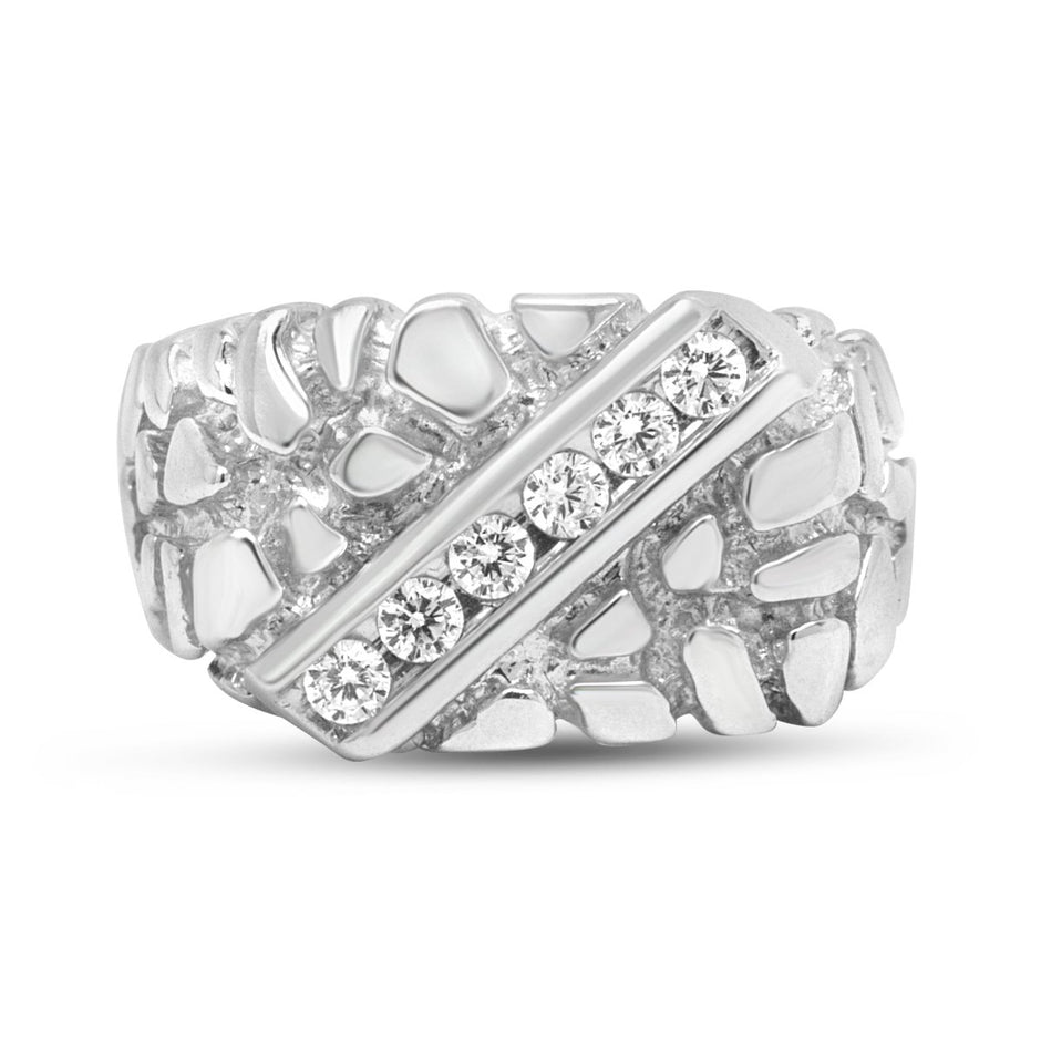 .925 Sterling Silver 1/3 Diamond 6 Stone Rectangle Nugget Gents Ring - Size 10 - Rings - Custom Crafting Alliance, LLC