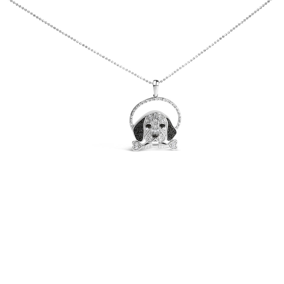 .925 Sterling Silver 1/4 Cttw White and Black Diamond Beagle Dog and Bone Pendant Necklace (I-J Color, I2-I3 Clarity) - 18