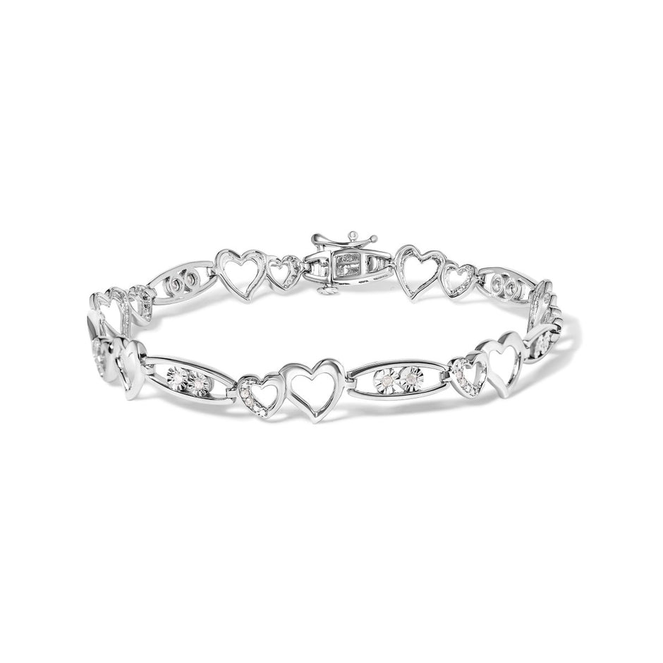 925 Sterling Silver 1/5 Cttw Diamond Double Heart Link Bracelet (I-J Color, I3 Clarity) - 7.25" Inches - Bracelets - Custom Crafting Alliance, LLC
