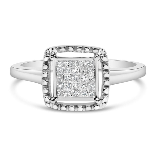 .925 Sterling Silver 1/5 Cttw Invisible Set Princess Cut Diamond Promise Ring with Beaded Halo (H-I Color, I1-I2 Clarity) - Ring Size 7 - Rings - Custom Crafting Alliance, LLC