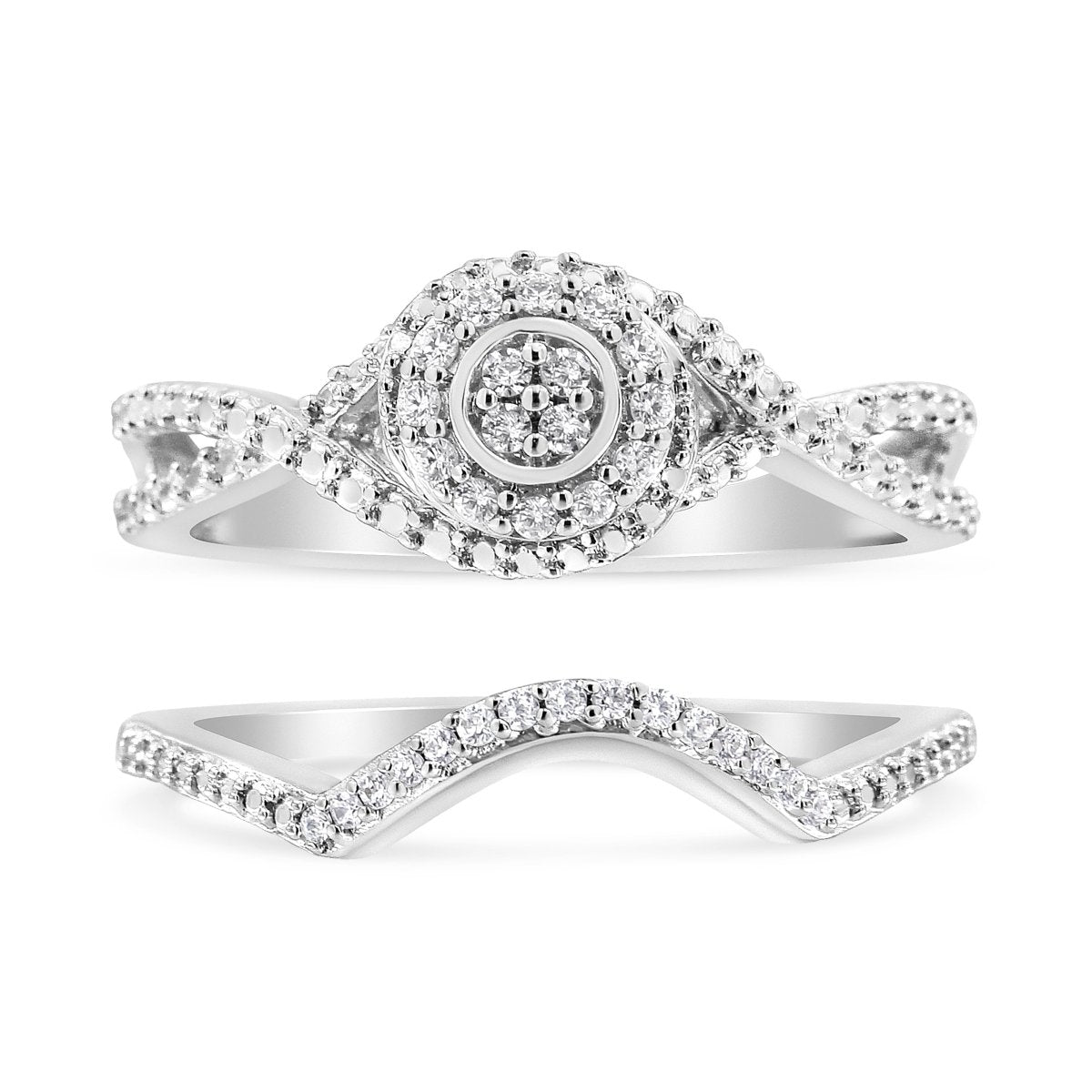 .925 Sterling Silver 1/6 Cttw Diamond Composite Halo and Split Shank Bridal Set Ring and Band (I-J Color, I3 Clarity) - Size 7 - Rings - Custom Crafting Alliance, LLC