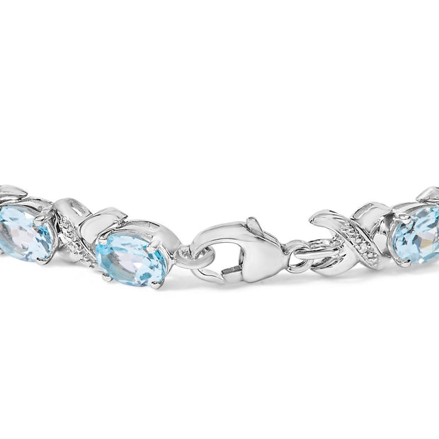 .925 Sterling Silver 16.0 Cttw Oval Blue Topaz and Diamond Accent Tennis X Link Bracelet (I-J Color, I1-I2 Clarity) - Size 7" Inch - Bracelets - Custom Crafting Alliance, LLC