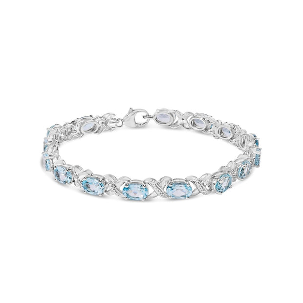 .925 Sterling Silver 16.0 Cttw Oval Blue Topaz and Diamond Accent Tennis X Link Bracelet (I-J Color, I1-I2 Clarity) - Size 7" Inch - Bracelets - Custom Crafting Alliance, LLC