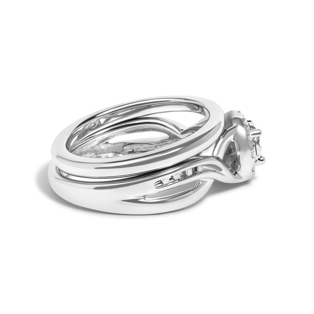 .925 Sterling Silver 1/7 Cttw Diamond Halo Bypass Engagement Ring and Wedding Band Set (I-J Color, I3 Clarity)- Size 7 - Rings - Custom Crafting Alliance, LLC