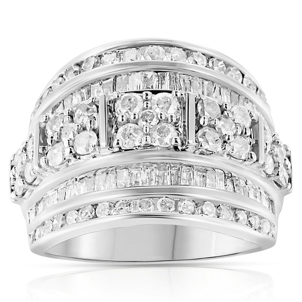 .925 Sterling Silver 2.0 Cttw Round & Baguette Cut Diamond Multi-Row Channel Set Tapered Cocktail Fashion Ring (I-J Color, I3 Clarity) - Size 7 - Rings - Custom Crafting Alliance, LLC
