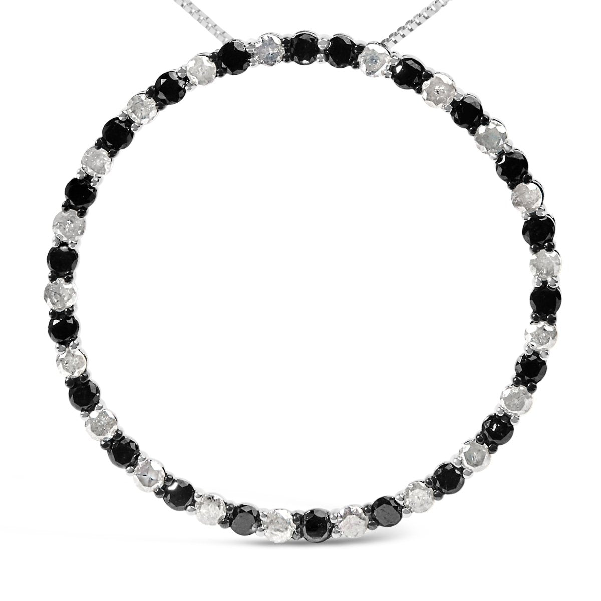 .925 Sterling Silver 3.0 Cttw Alternating Black and White Diamond Open Hoop Circle Pendant Necklace (H-I Color, I3 Clarity) - 18