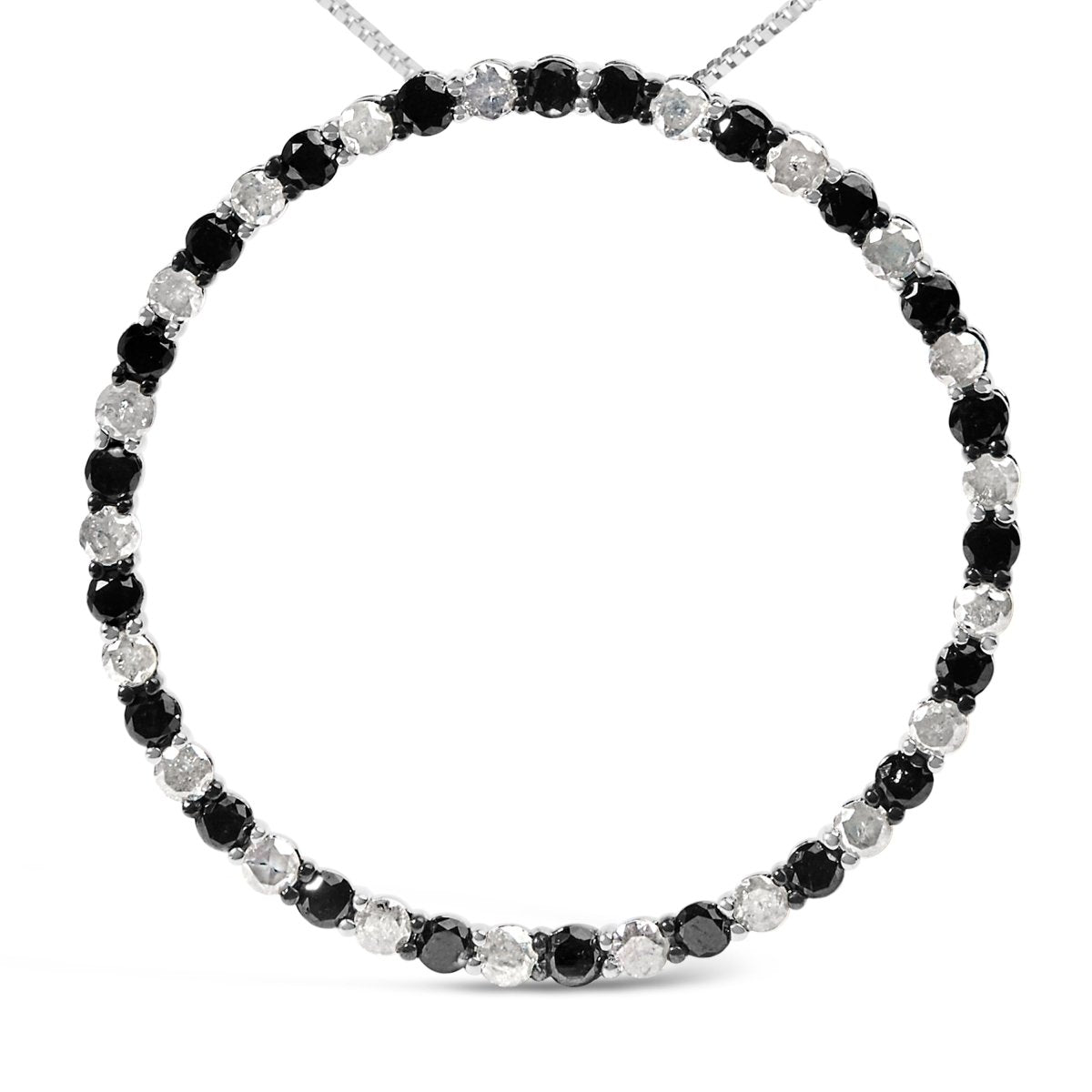 .925 Sterling Silver 3.0 Cttw Alternating Black and White Diamond Open Hoop Circle Pendant Necklace (H-I Color, I3 Clarity) - 18