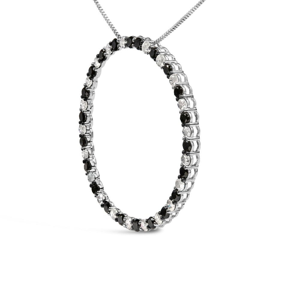.925 Sterling Silver 3.0 Cttw Alternating Black and White Diamond Open Hoop Circle Pendant Necklace (H-I Color, I3 Clarity) - 18
