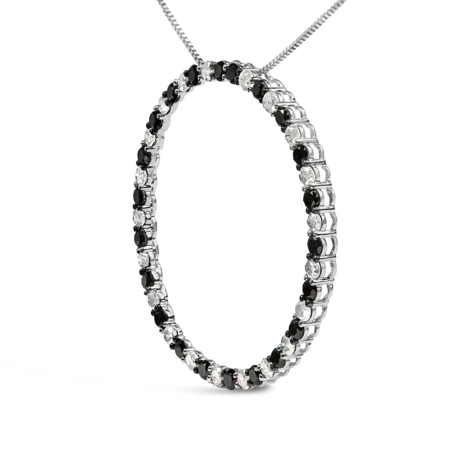.925 Sterling Silver 3.0 Cttw Alternating Black and White Diamond Open Hoop Circle Pendant Necklace (H-I Color, I3 Clarity) - 18