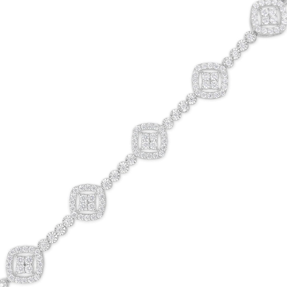 .925 Sterling Silver 3.0 Cttw Diamond Halo Square Shape Link Bracelet (I-J Color, I3 Clarity) - 7.25