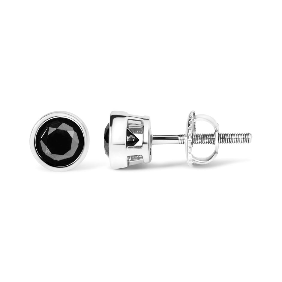 .925 Sterling Silver 4.00 Cttw Round Brilliant-Cut Black Diamond Bezel-Set Stud Earrings with Screw Backs (Fancy Color-Enhanced, I2-I3 Clarity) - Earrings - Custom Crafting Alliance, LLC