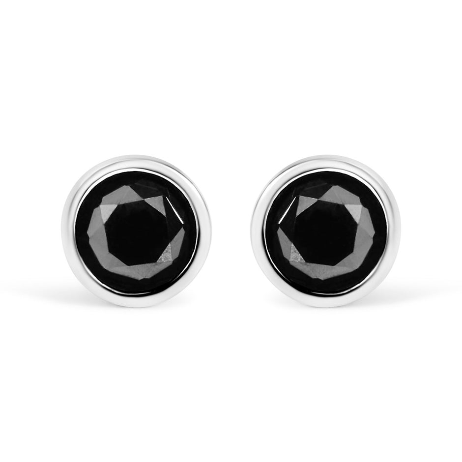 .925 Sterling Silver 4.00 Cttw Round Brilliant-Cut Black Diamond Bezel-Set Stud Earrings with Screw Backs (Fancy Color-Enhanced, I2-I3 Clarity) - Earrings - Custom Crafting Alliance, LLC