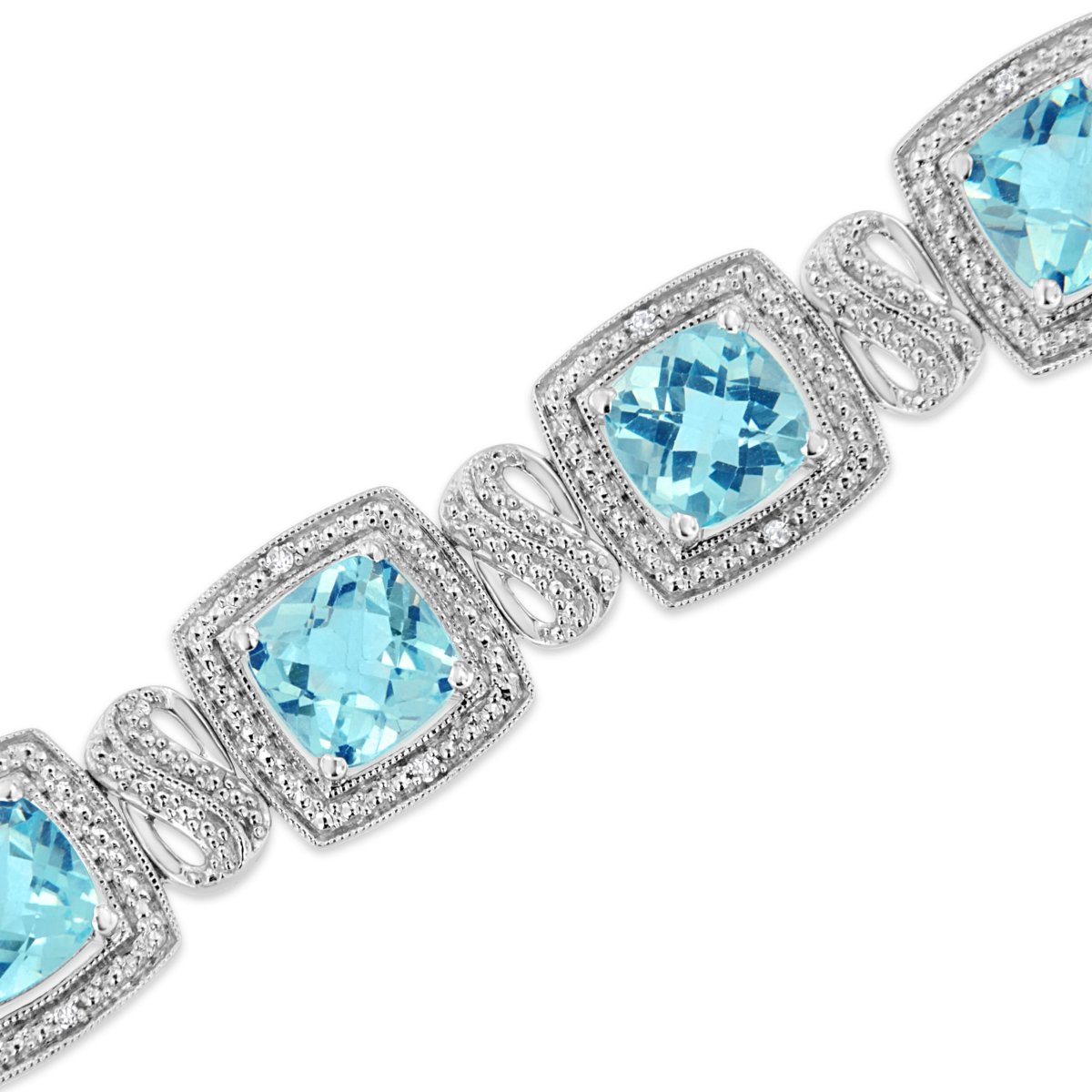 .925 Sterling Silver 7x7 mm Cushion Cut Blue Topaz and 1/10 Ctw Single Cut Diamond Square Shape Tennis Bracelet (I-J Color, I1-I2 Clarity) - 7