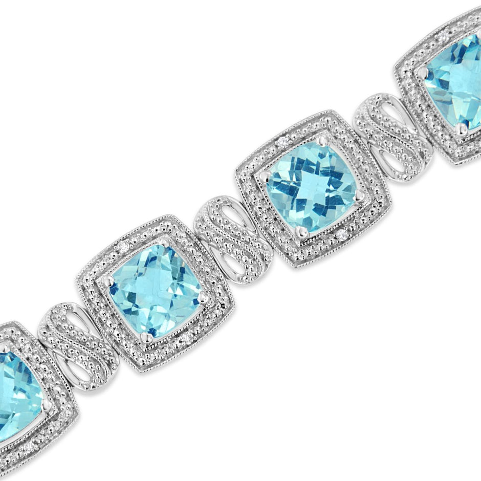 .925 Sterling Silver 7x7 mm Cushion Cut Blue Topaz and 1/10 Ctw Single Cut Diamond Square Shape Tennis Bracelet (I-J Color, I1-I2 Clarity) - 7