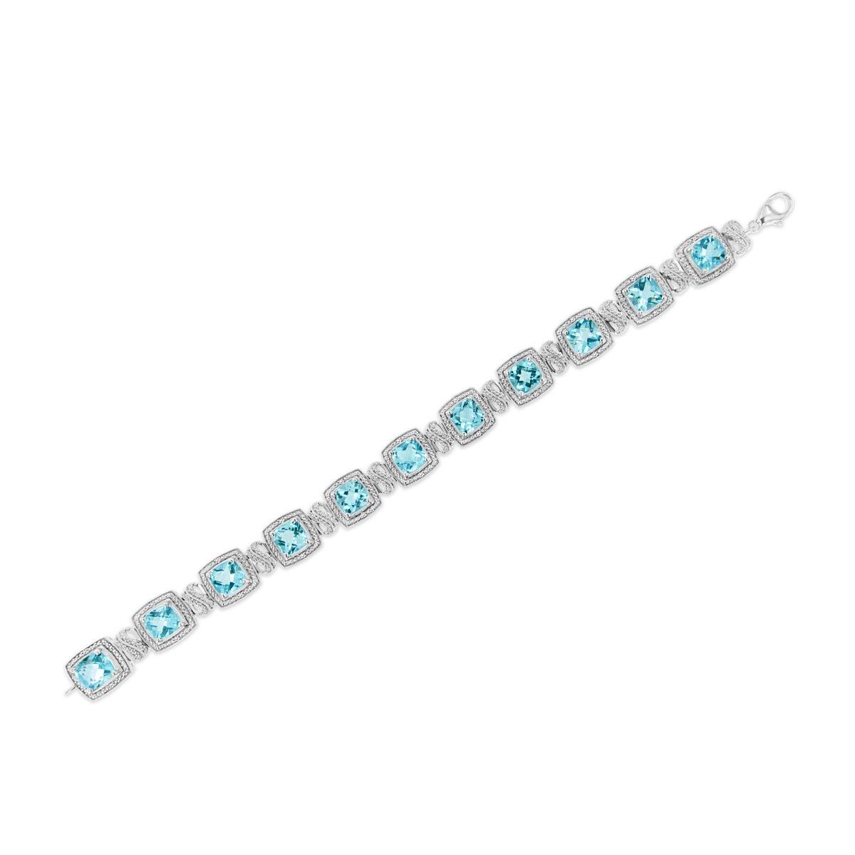 .925 Sterling Silver 7x7 mm Cushion Cut Blue Topaz and 1/10 Ctw Single Cut Diamond Square Shape Tennis Bracelet (I-J Color, I1-I2 Clarity) - 7