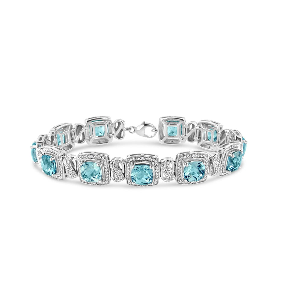 .925 Sterling Silver 7x7 mm Cushion Cut Blue Topaz and 1/10 Ctw Single Cut Diamond Square Shape Tennis Bracelet (I-J Color, I1-I2 Clarity) - 7" - Bracelets - Custom Crafting Alliance, LLC