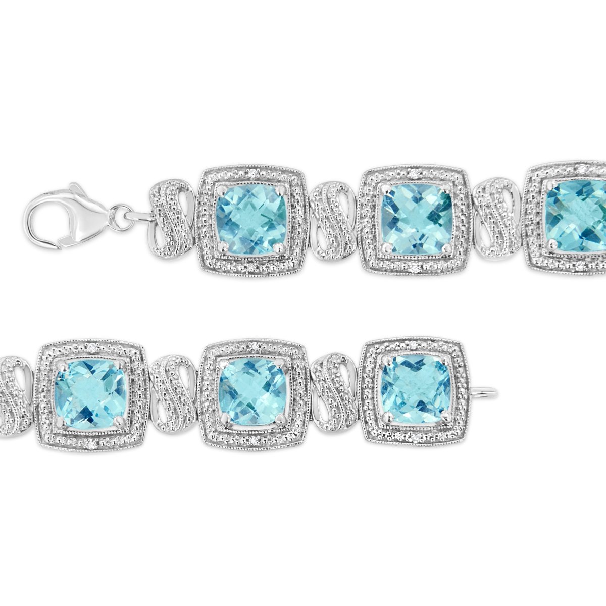 .925 Sterling Silver 7x7 mm Cushion Cut Blue Topaz and 1/10 Ctw Single Cut Diamond Square Shape Tennis Bracelet (I-J Color, I1-I2 Clarity) - 7