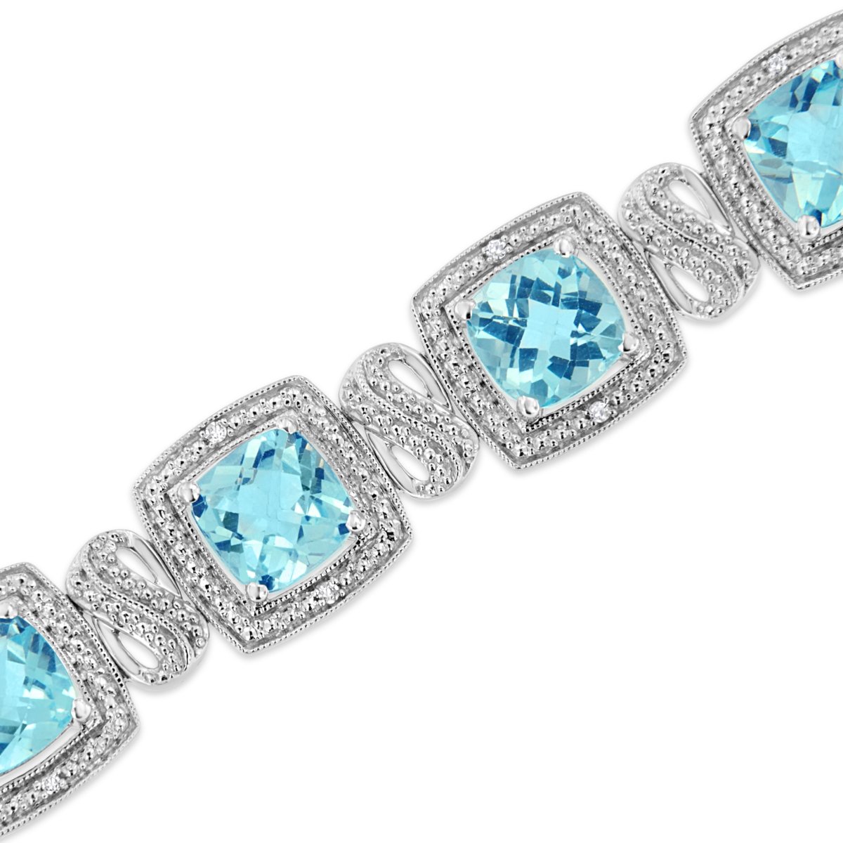 .925 Sterling Silver 7x7 mm Cushion Cut Blue Topaz and 1/10 Ctw Single Cut Diamond Square Shape Tennis Bracelet (I-J Color, I1-I2 Clarity) - 7