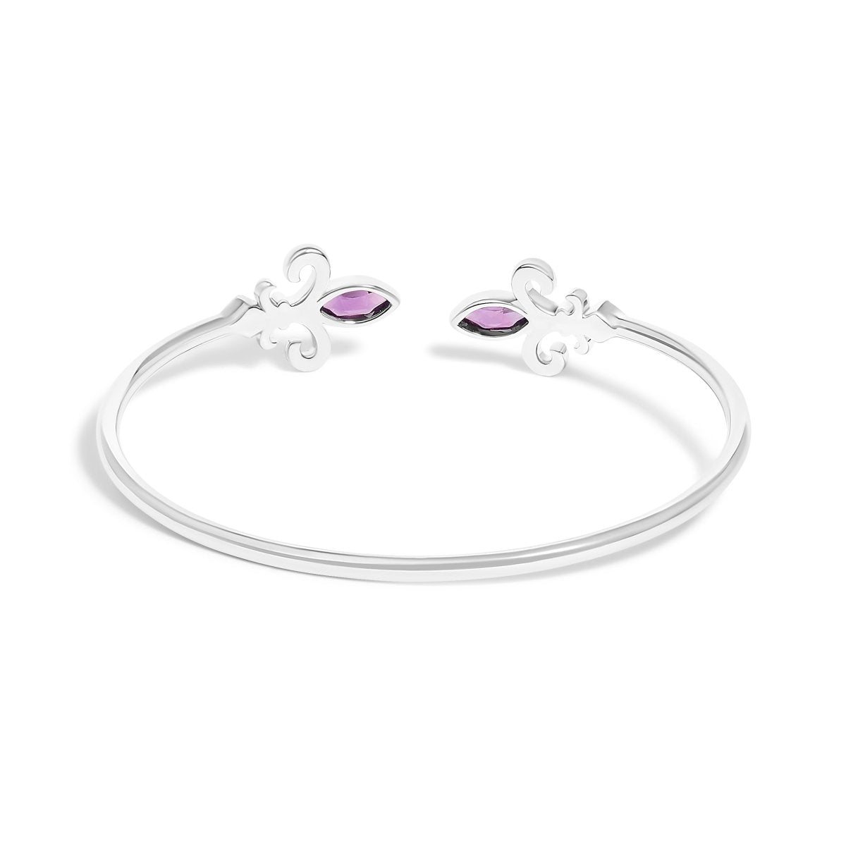 .925 Sterling Silver 8X4MM Marquise Purple Amethyst and Diamond Accent Fleur Di Lis Open Cuff Bangle (I-J Color, I1-I2 Clarity) - 7