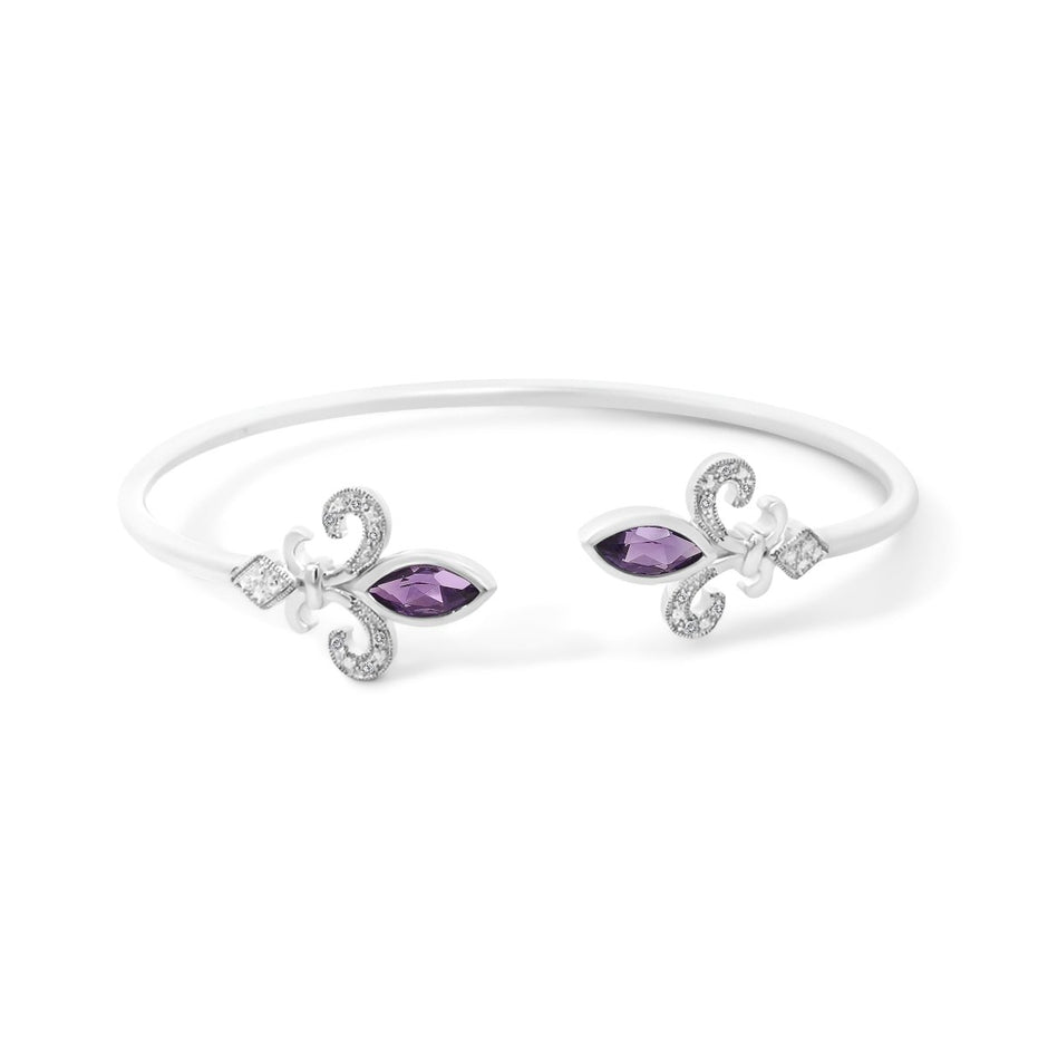 .925 Sterling Silver 8X4MM Marquise Purple Amethyst and Diamond Accent Fleur Di Lis Open Cuff Bangle (I-J Color, I1-I2 Clarity) - 7" - Bracelets - Custom Crafting Alliance, LLC