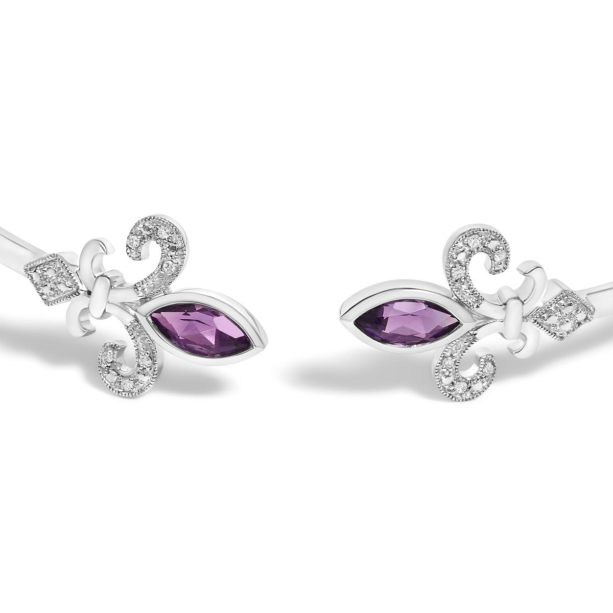 .925 Sterling Silver 8X4MM Marquise Purple Amethyst and Diamond Accent Fleur Di Lis Open Cuff Bangle (I-J Color, I1-I2 Clarity) - 7
