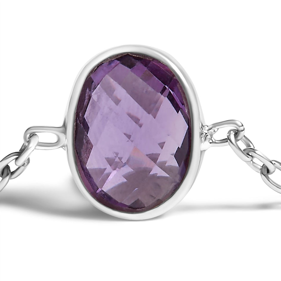 .925 Sterling Silver Bezel Set Purple Amethyst 5 Station Adjustable Bolo Bracelet - Bracelets - Custom Crafting Alliance, LLC