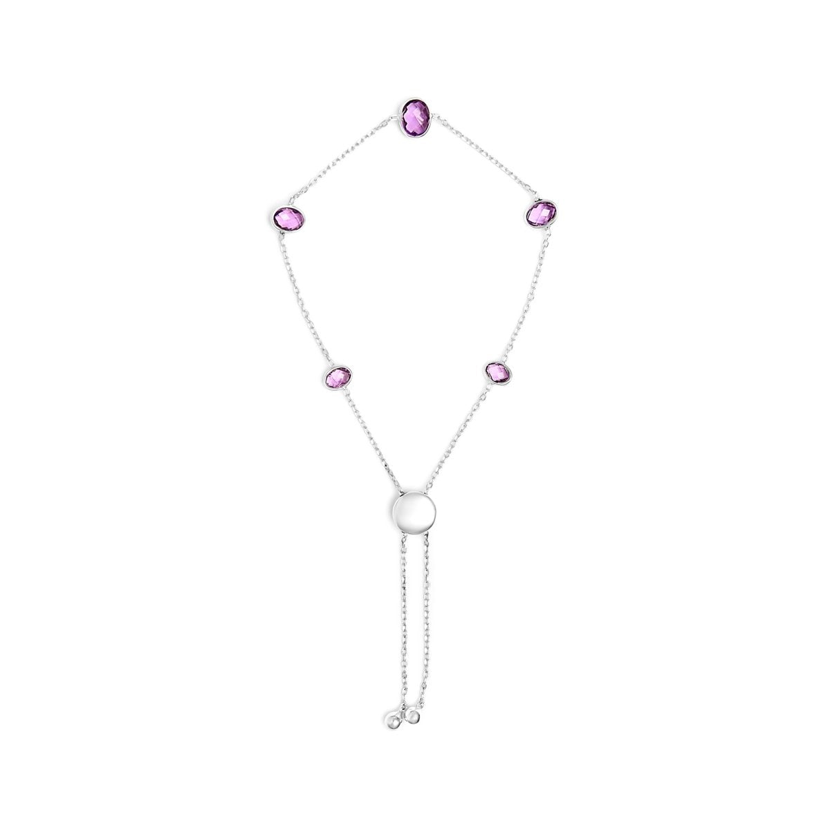 .925 Sterling Silver Bezel Set Purple Amethyst 5 Station Adjustable Bolo Bracelet - Bracelets - Custom Crafting Alliance, LLC