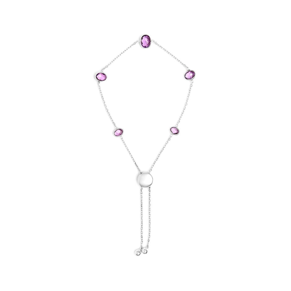 .925 Sterling Silver Bezel Set Purple Amethyst 5 Station Adjustable Bolo Bracelet - Bracelets - Custom Crafting Alliance, LLC