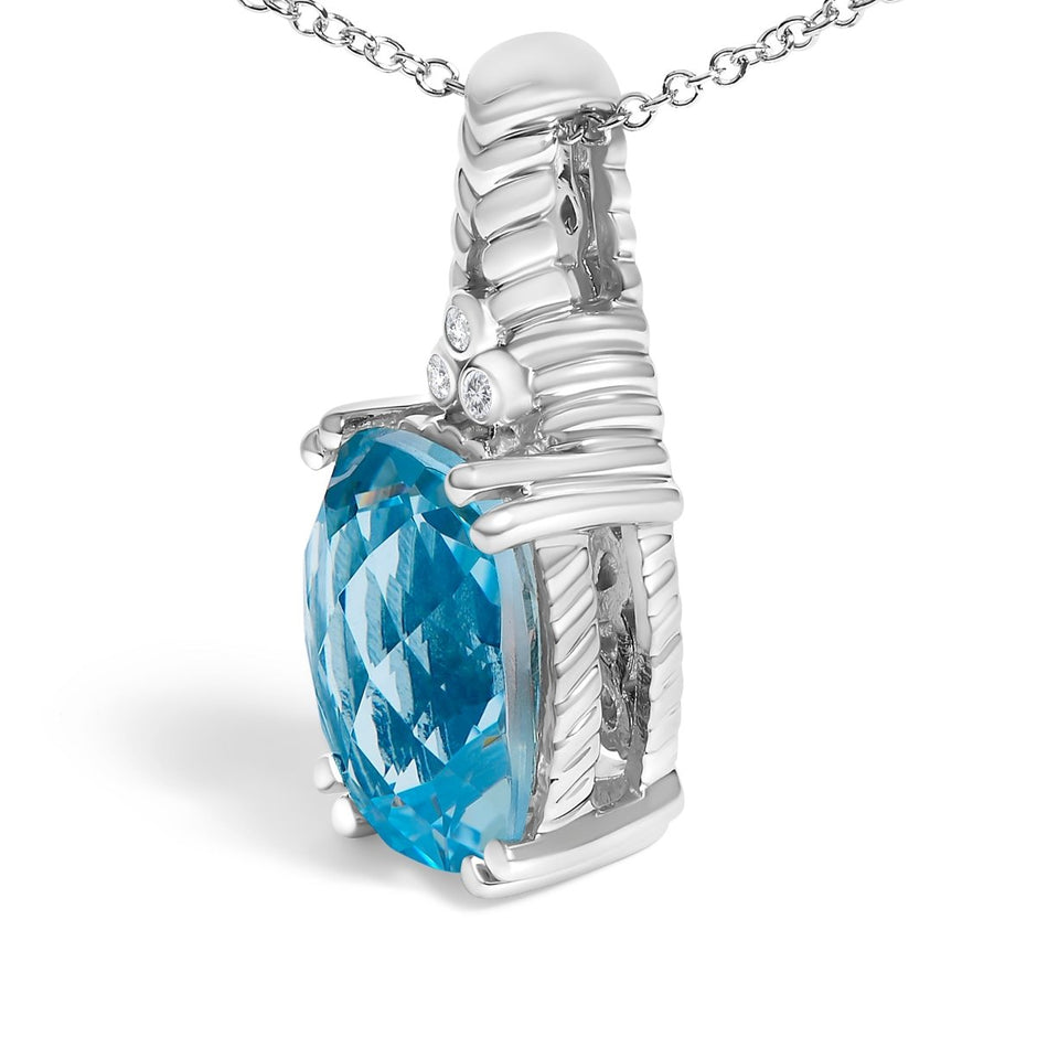 .925 Sterling Silver Blue Topaz and Diamond Accent Textured Pendant Necklace - 18